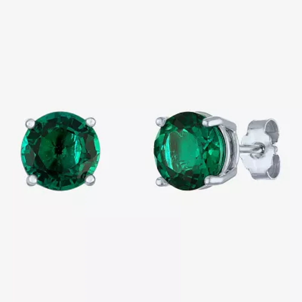 Lab Created Green Emerald Sterling Silver 7mm Stud Earrings