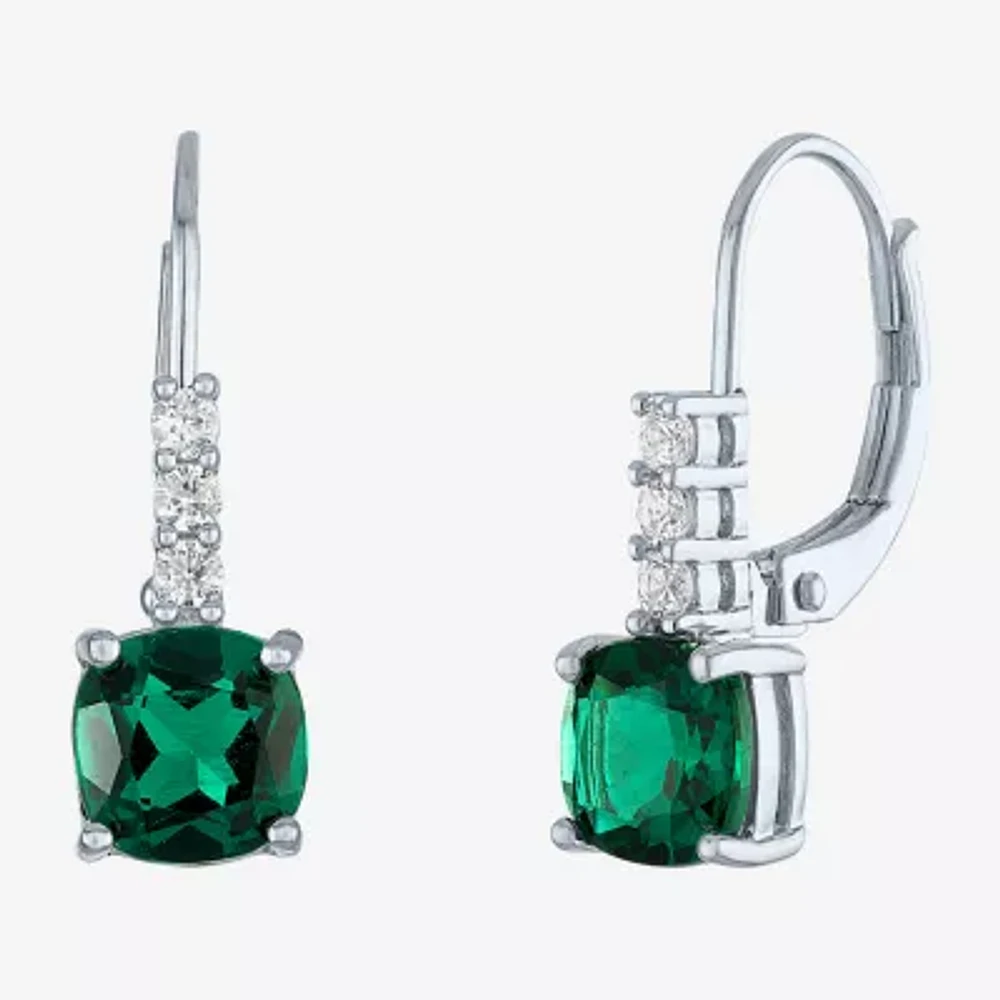 Womens Lab Created Green Emerald Sterling Silver Drop Earrings