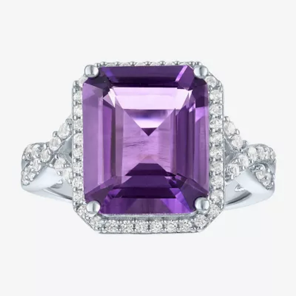 Womens Genuine Purple Amethyst Sterling Silver Cocktail Ring