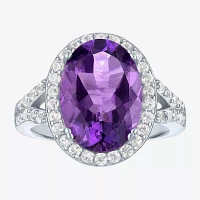 Womens Genuine Purple Amethyst Sterling Silver Oval Cocktail Ring