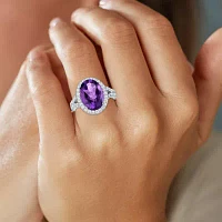 Womens Genuine Purple Amethyst Sterling Silver Oval Cocktail Ring