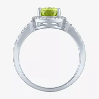 Womens Genuine Green Peridot Sterling Silver Pear Halo Side Stone Cocktail Ring