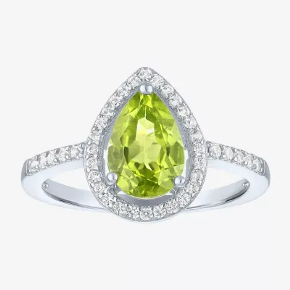 Womens Genuine Green Peridot Sterling Silver Pear Halo Side Stone Cocktail Ring