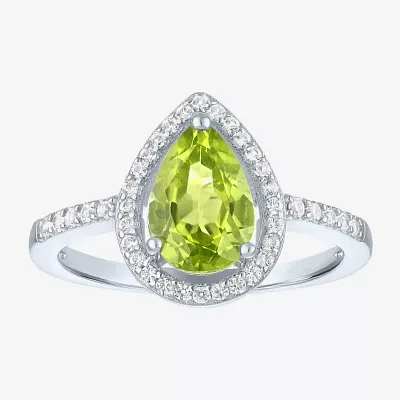 Womens Genuine Green Peridot Sterling Silver Pear Halo Side Stone Cocktail Ring