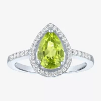 Womens Genuine Green Peridot Sterling Silver Pear Halo Side Stone Cocktail Ring