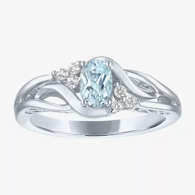 Womens Genuine Aquamarine & Lab-Created White Sapphire Sterling Silver Cocktail Ring