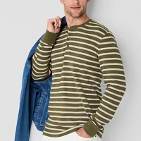 St. John's Bay Striped Waffle Mens Henley Neck Long Sleeve Classic Fit Thermal Top