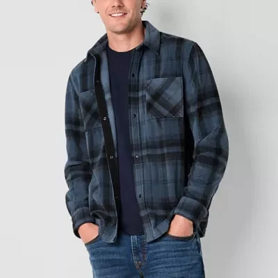 Arizona Mens Long Sleeve Plaid Button-Down Fleece Shirt Jacket