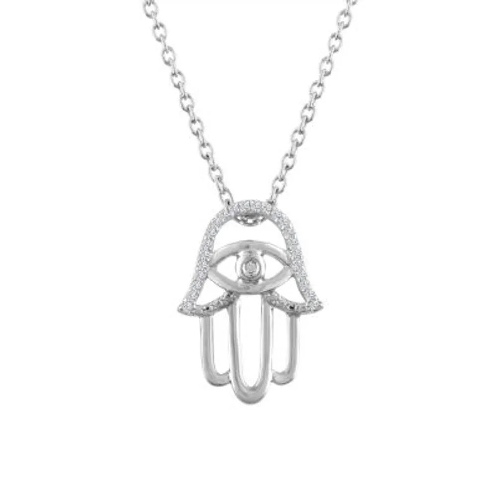 Faith" Womens Diamond-Accent Natural Diamond Hamsa Necklace in Sterling SIlver"