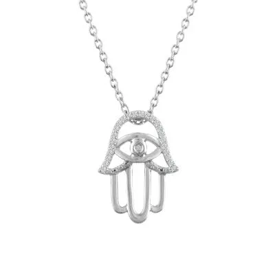 Faith" Womens Diamond-Accent Natural Diamond Hamsa Necklace in Sterling SIlver"