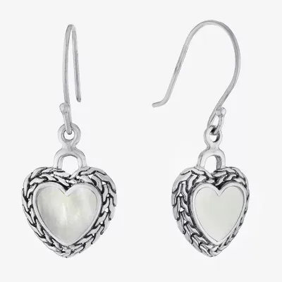 Bali Inspired Genuine White Mother Of Pearl Sterling Silver Heart Drop Earrings