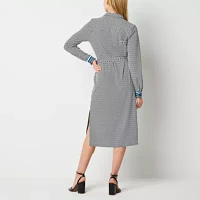 Worthington Womens Long Sleeve Geometric Midi Shirt Dress