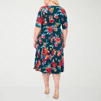 MSK Womens Short Sleeve Floral Midi Fit + Flare Dress Plus