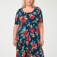 MSK Womens Short Sleeve Floral Midi Fit + Flare Dress Plus