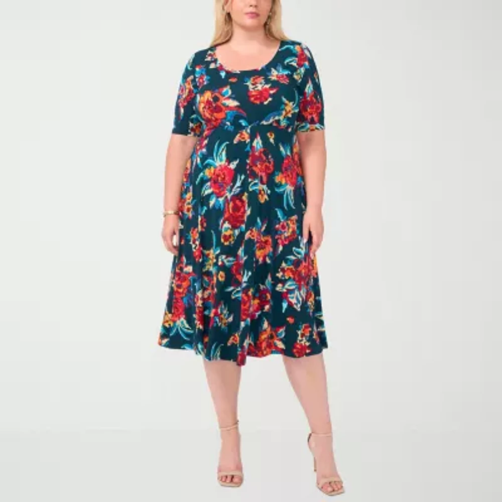 MSK Womens Short Sleeve Floral Midi Fit + Flare Dress Plus