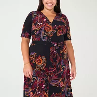 MSK Womens Short Sleeve Floral Midi Fit + Flare Dress Plus