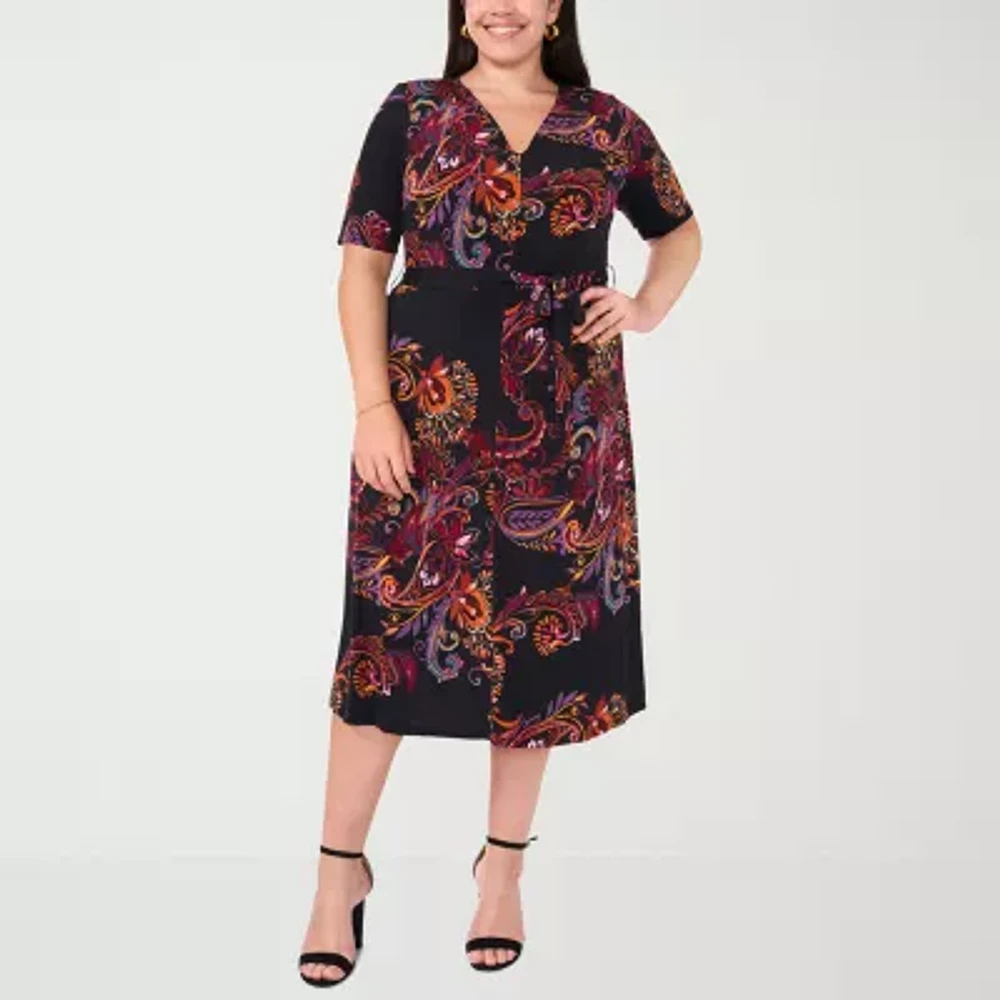 MSK Womens Short Sleeve Floral Midi Fit + Flare Dress Plus