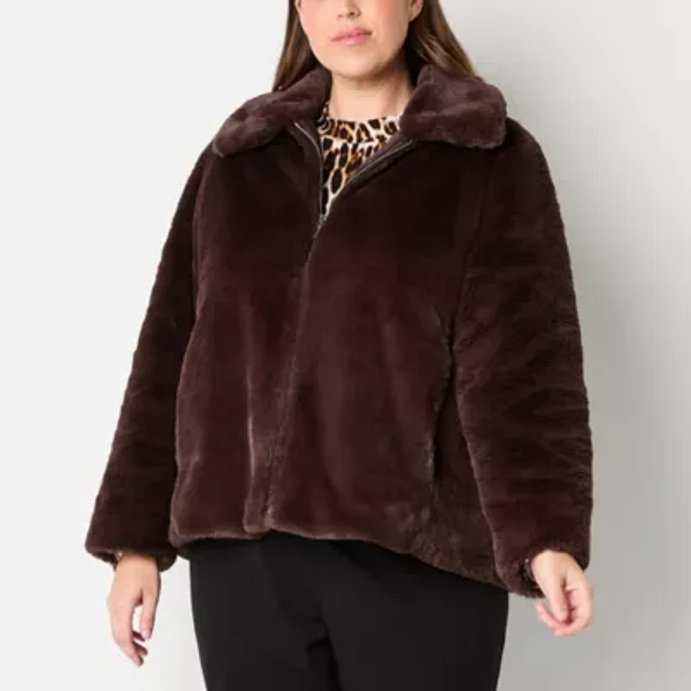 Liz Claiborne Faux Fur Midweight Womens Plus Coat