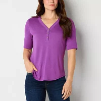 Liz Claiborne Womens Henley Neck Elbow Sleeve Shirt