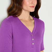 Liz Claiborne Womens Henley Neck Elbow Sleeve Shirt