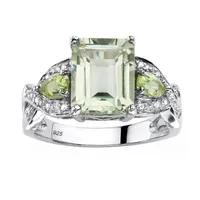 Womens Genuine Green Quartz Platinum Over Silver Cocktail Ring