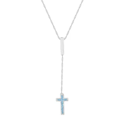 Womens Genuine Blue Topaz Sterling Silver Cross Y Necklace