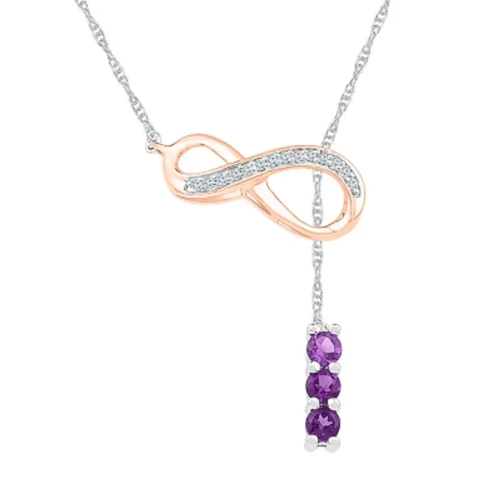 Womens Diamond Accent Genuine Purple Amethyst 10K Rose Gold Sterling Silver Infinity Pendant Necklaces