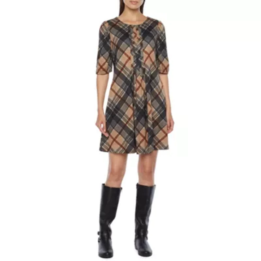 R & K Originals 3/4 Sleeve Plaid Shift Dress