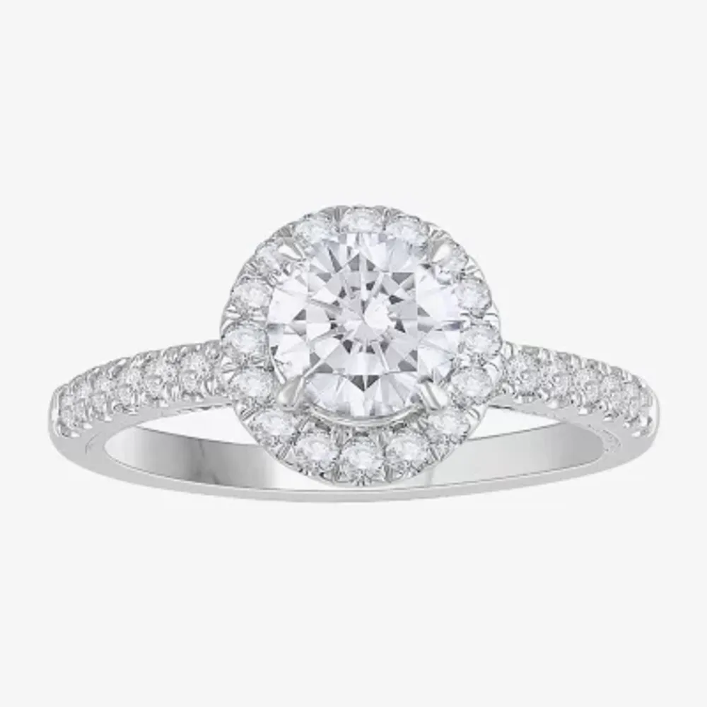 H-I / Si1) Womens 1 / CT. T.W. Lab Grown White Diamond 14K Gold Round Side Stone Halo Engagement Ring