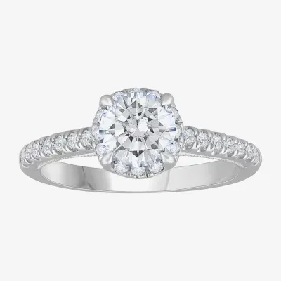 H-I / Si1) Womens 1 / CT. T.W. Lab Grown White Diamond 14K Gold Round Side Stone Halo Engagement Ring