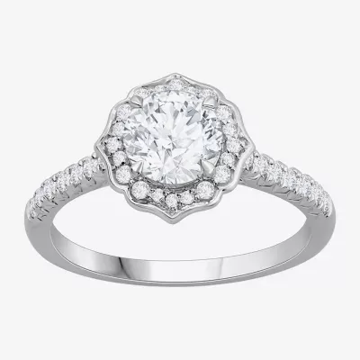 H-I / Si1) Womens 1 1/ CT. T.W. Lab Grown White Diamond 14K Gold Round Side Stone Halo Engagement Ring