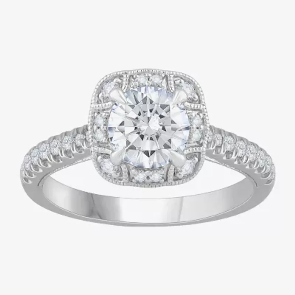 (H-I / Si1) Womens 1 1/3 CT. T.W. Lab Grown White Diamond 14K Gold Cushion Side Stone Halo Engagement Ring