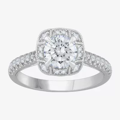 (H-I / Si1) Womens 1 1/3 CT. T.W. Lab Grown White Diamond 14K Gold Cushion Side Stone Halo Engagement Ring