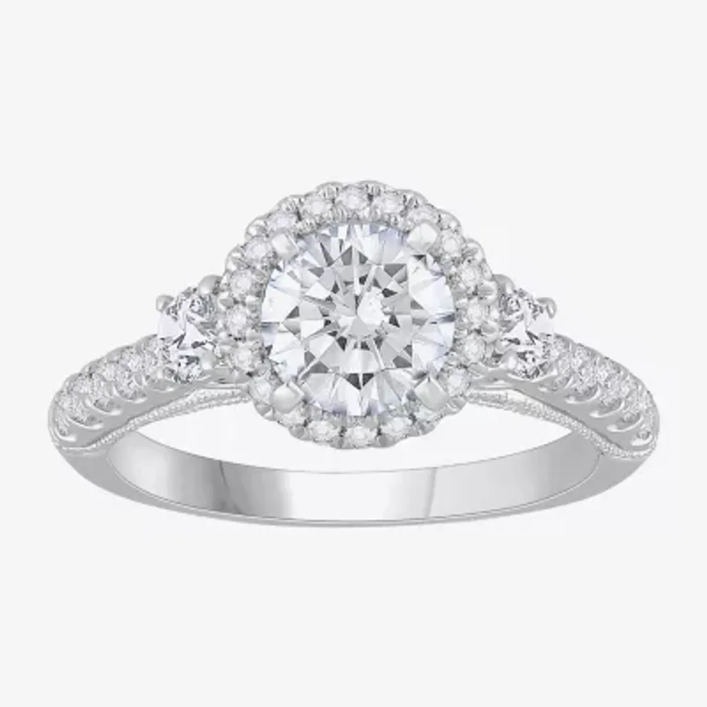 (H-I / Si1) Womens 1 3/4 CT. T.W. Lab Grown White Diamond 14K Gold Oval Round Side Stone Halo Engagement Ring