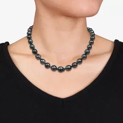 Womens Black Cultured Tahitian Pearl Sterling Silver Strand Necklace