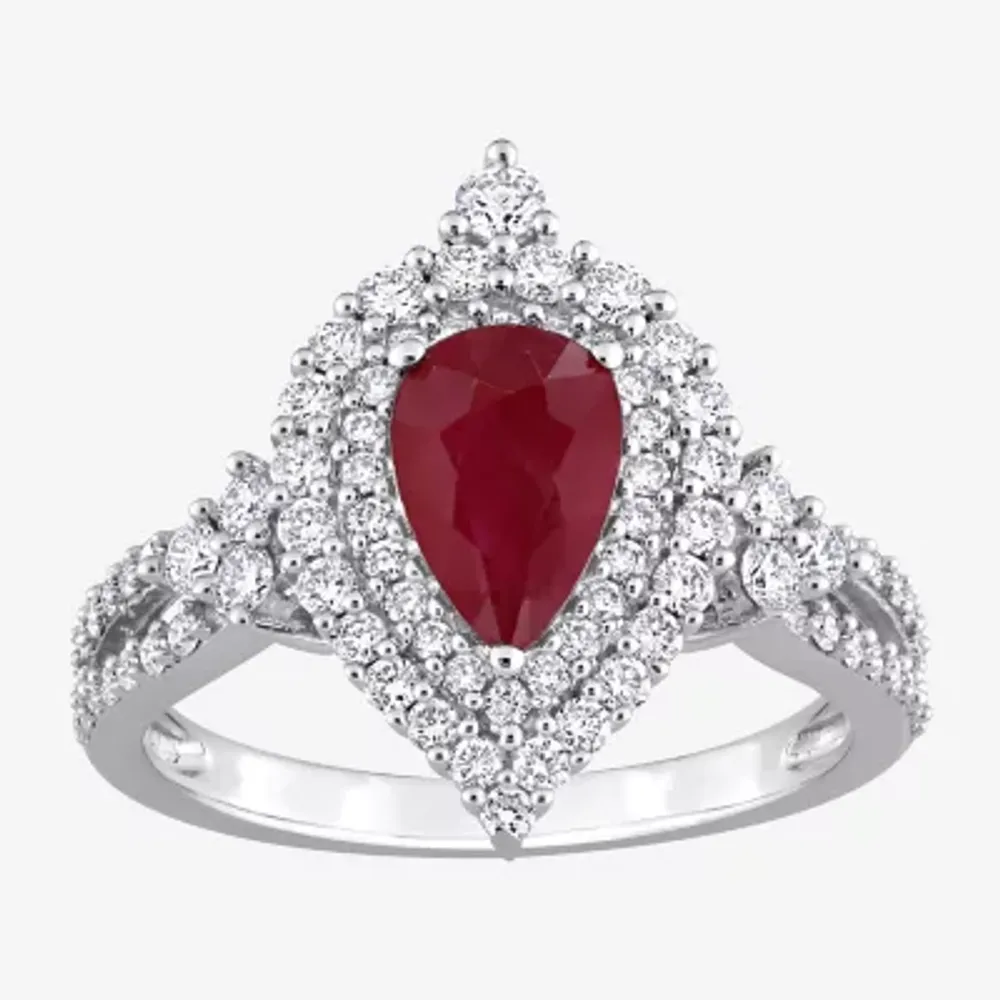 Womens Lead Glass-Filled Red Ruby 14K White Gold Cocktail Ring