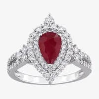 Womens Lead Glass-Filled Red Ruby 14K White Gold Cocktail Ring