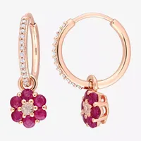 Lead Glass-Filled Red Ruby 10K Rose Gold 23mm Flower Hoop Earrings