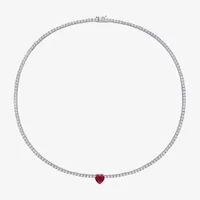 Womens Lab Created Red Ruby Sterling Silver Heart Tennis Necklaces