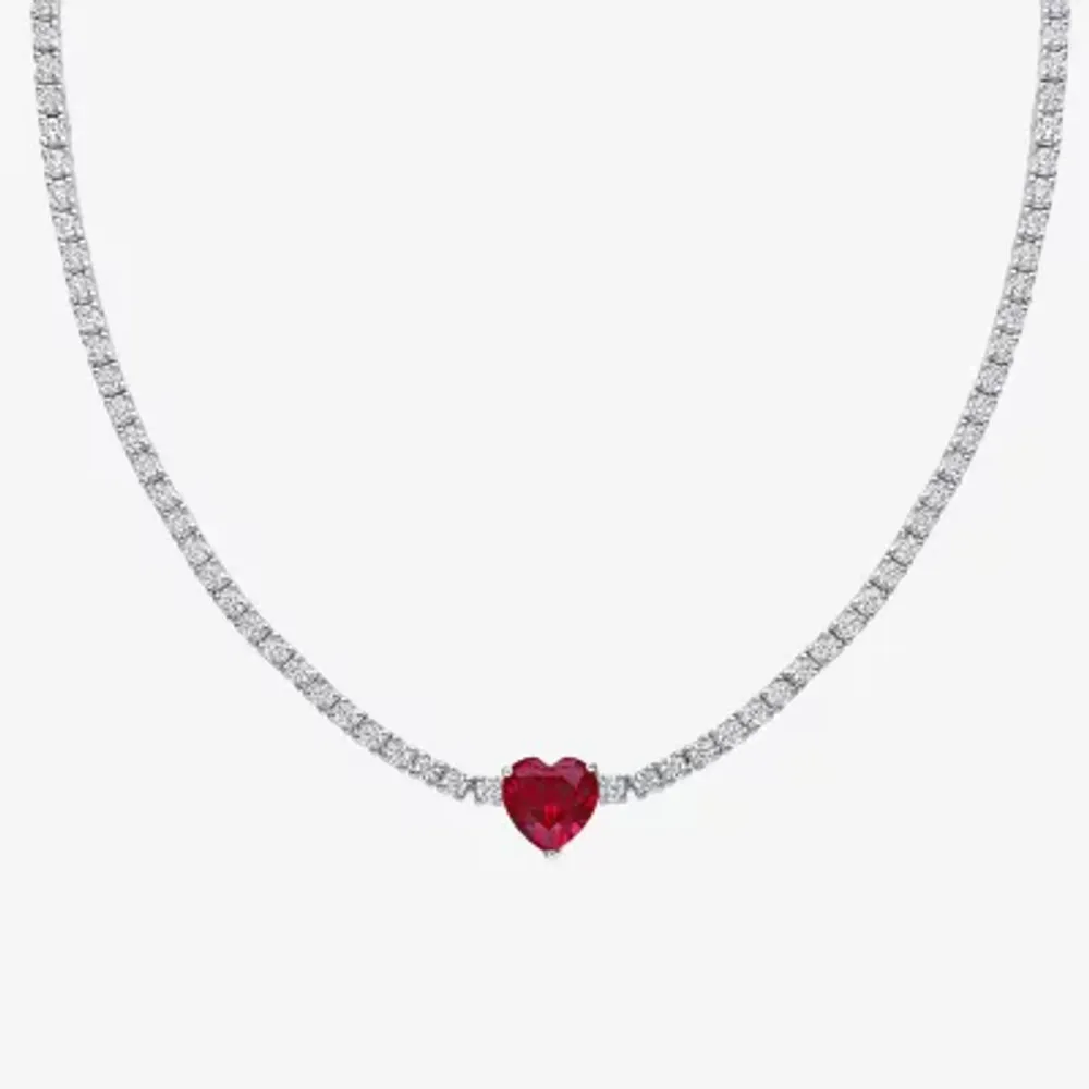 Womens Lab Created Red Ruby Sterling Silver Heart Tennis Necklaces