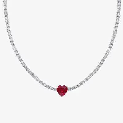 Womens Lab Created Red Ruby Sterling Silver Heart Tennis Necklaces