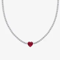 Womens Lab Created Red Ruby Sterling Silver Heart Tennis Necklaces