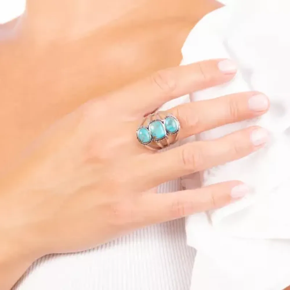 Womens Enhanced Blue Turquoise Sterling Silver Oval Cocktail Ring