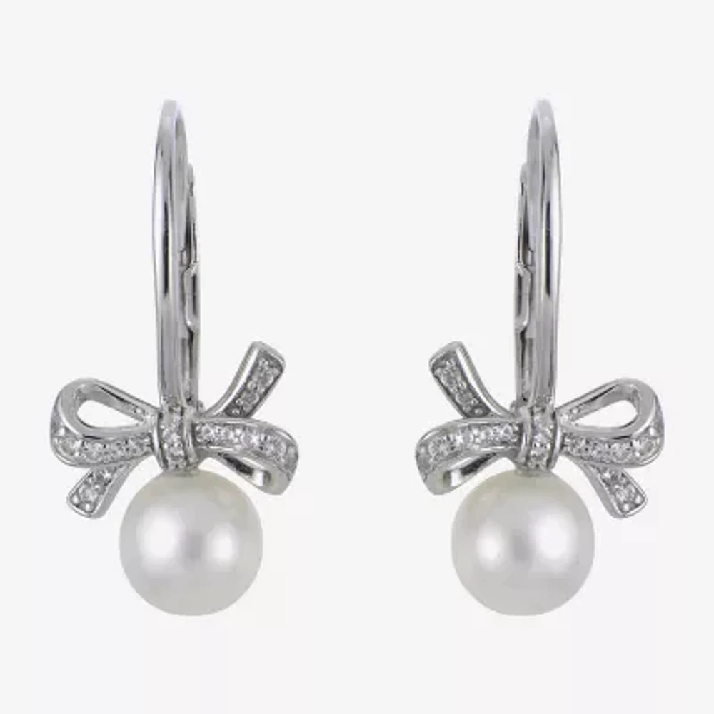 White Cultured Freshwater Pearl Sterling Silver Bow Drop Earrings