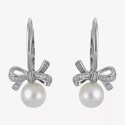 White Cultured Freshwater Pearl Sterling Silver Bow Drop Earrings