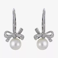 White Cultured Freshwater Pearl Sterling Silver Bow Drop Earrings