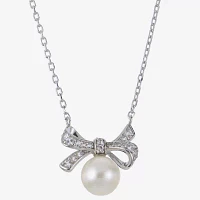 Womens White Cultured Freshwater Pearl Sterling Silver Bow Pendant Necklace