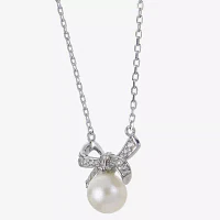 Womens White Cultured Freshwater Pearl Sterling Silver Bow Pendant Necklace