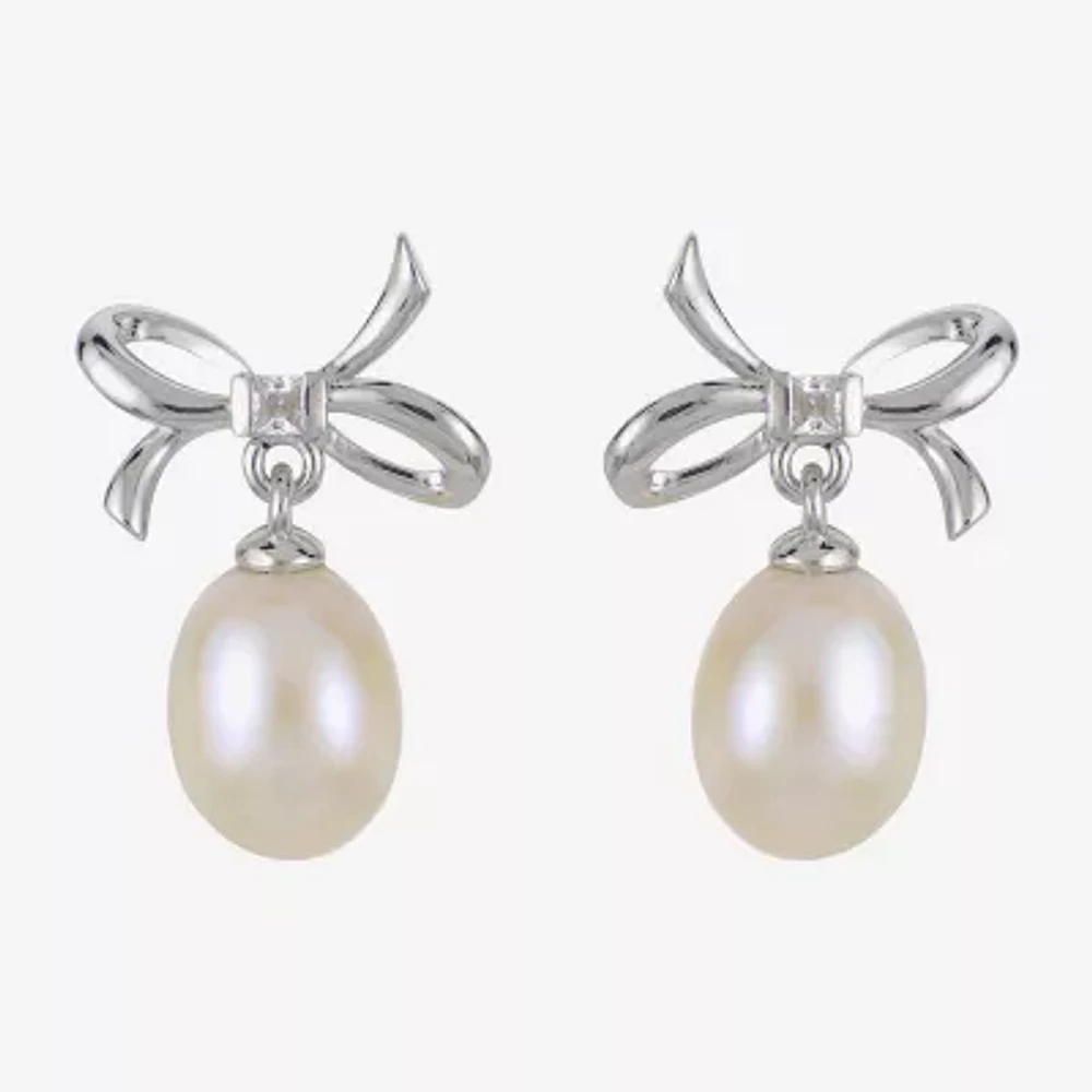 White Cultured Freshwater Pearl Sterling Silver 16mm Bow Stud Earrings