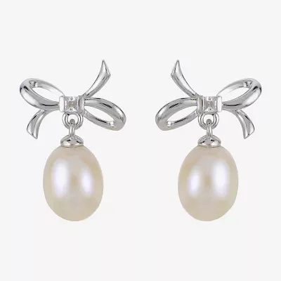 White Cultured Freshwater Pearl Sterling Silver 16mm Bow Stud Earrings